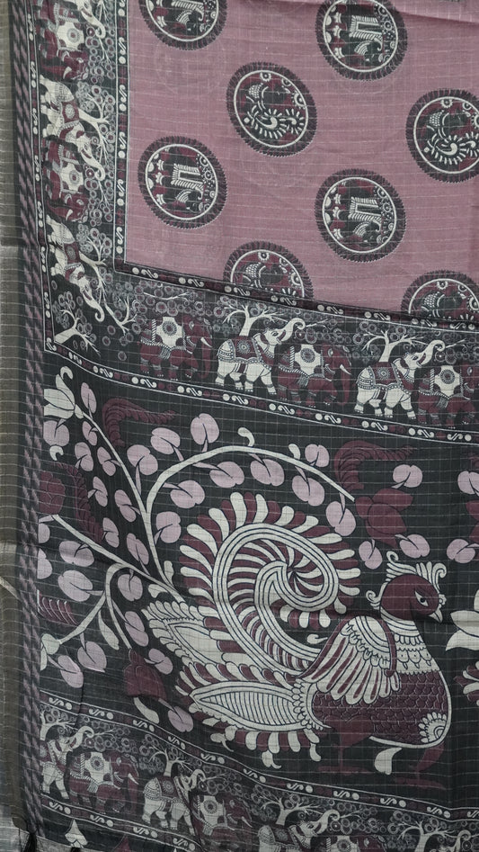 Semi Tussar Saree With Zari Checks And Figure Prints - Mauve