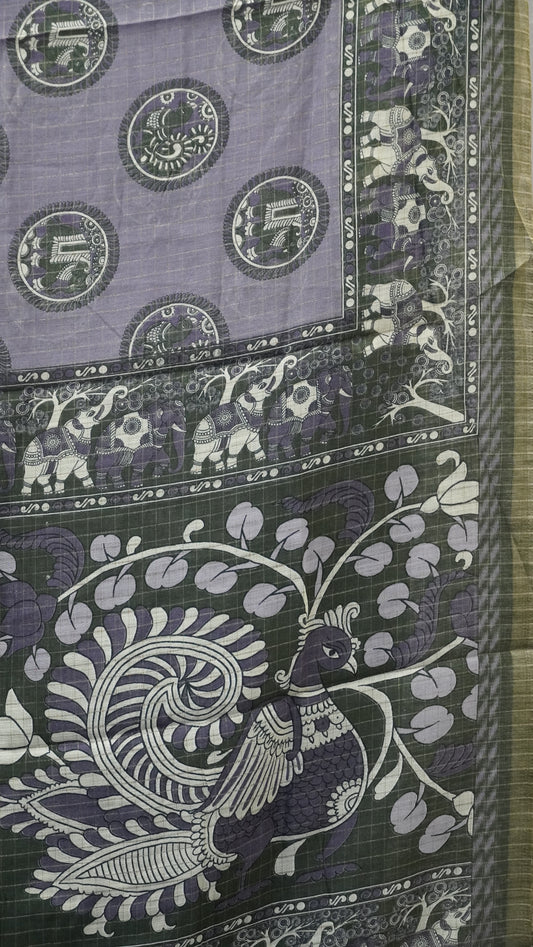 Semi Tussar Saree With Zari Checks And Figure Prints - Lavendar