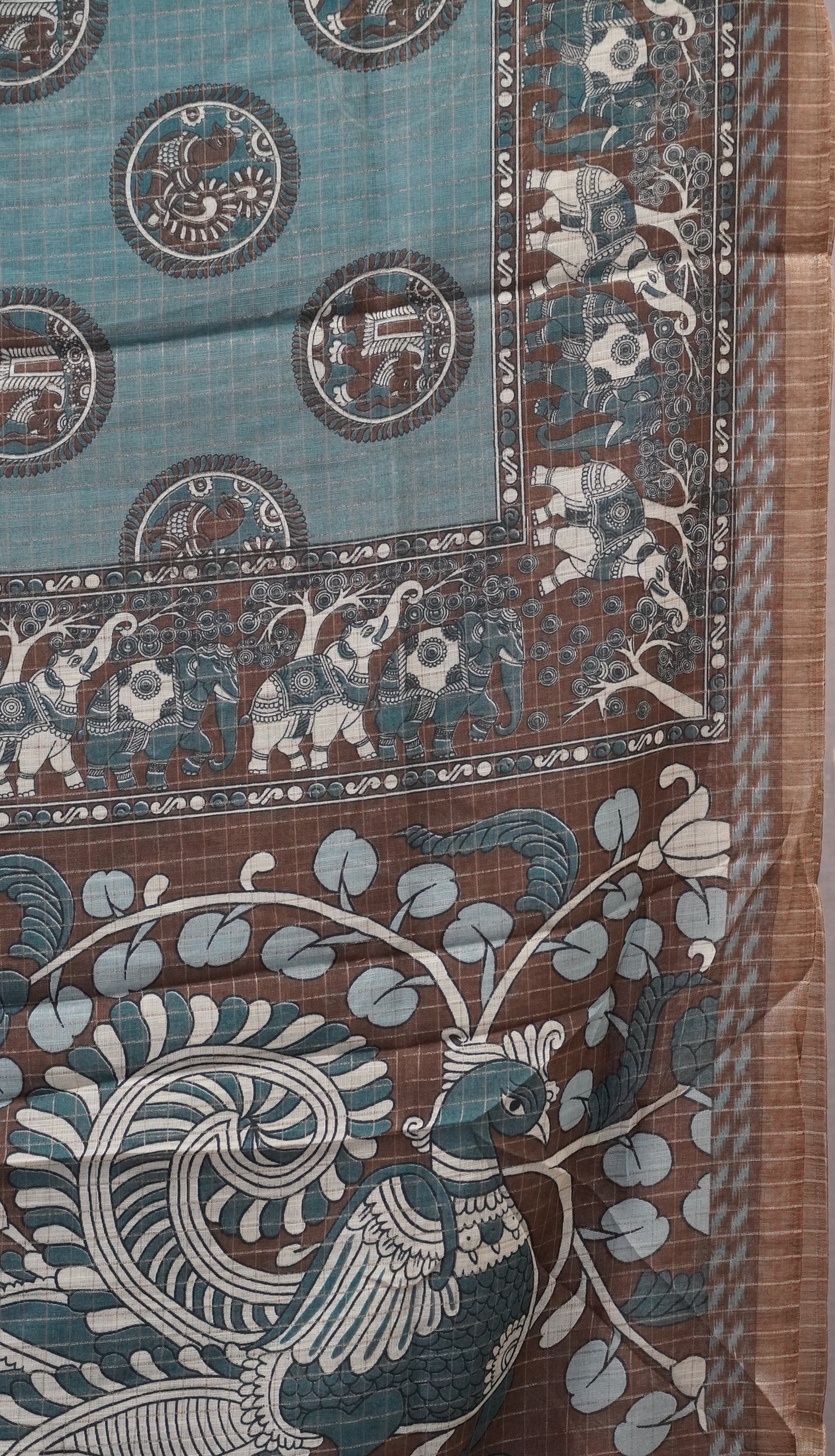 Semi Tussar Saree With Zari Checks And Figure Prints - Sea Green