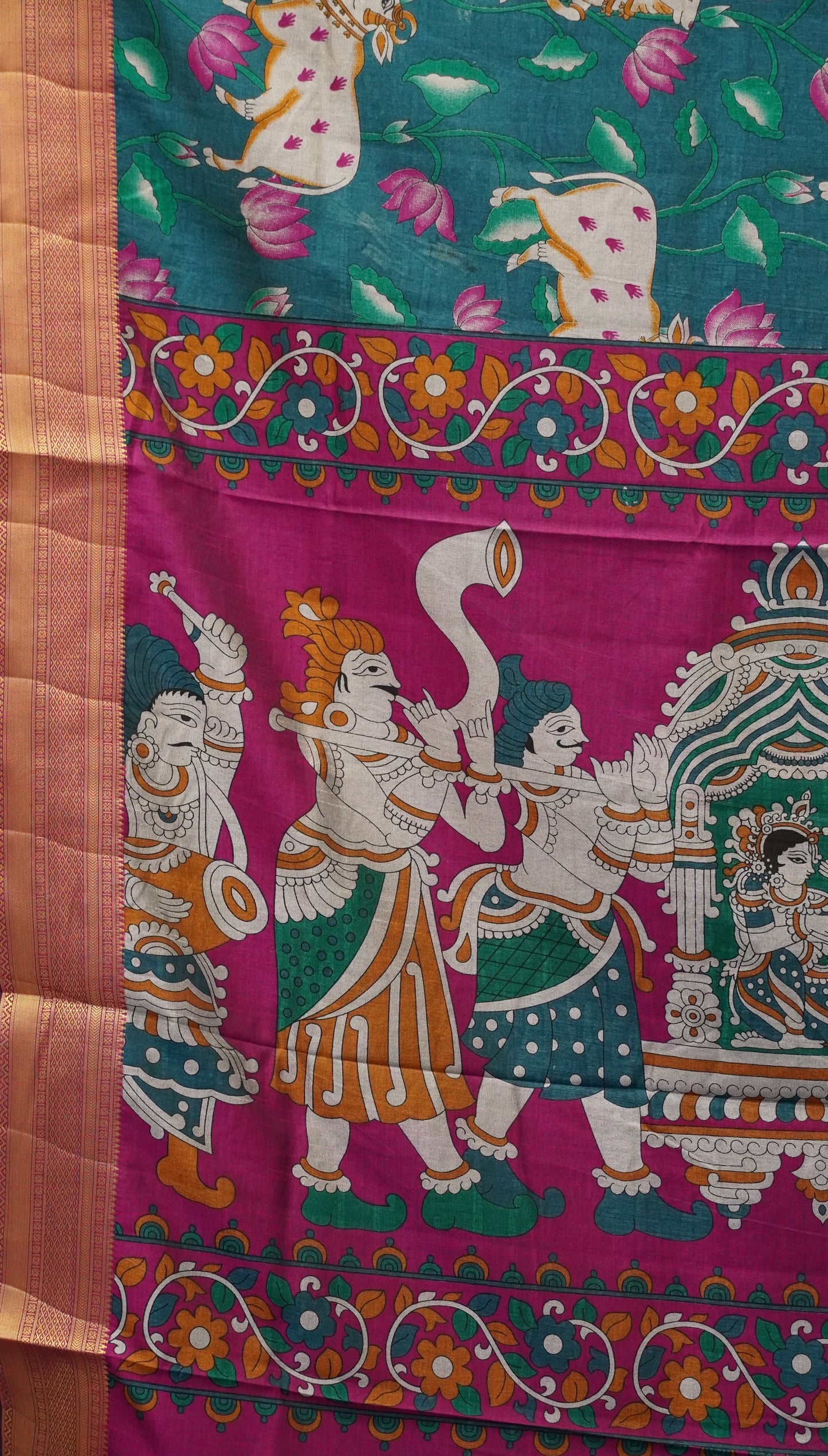 Semi Pattola Saree Pichwai Print - Peacock Blue