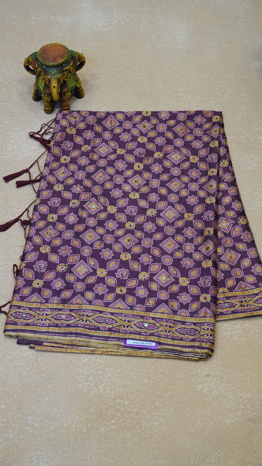 Semi Tussar Saree Ajrakh Print With Mirror Work - Purple