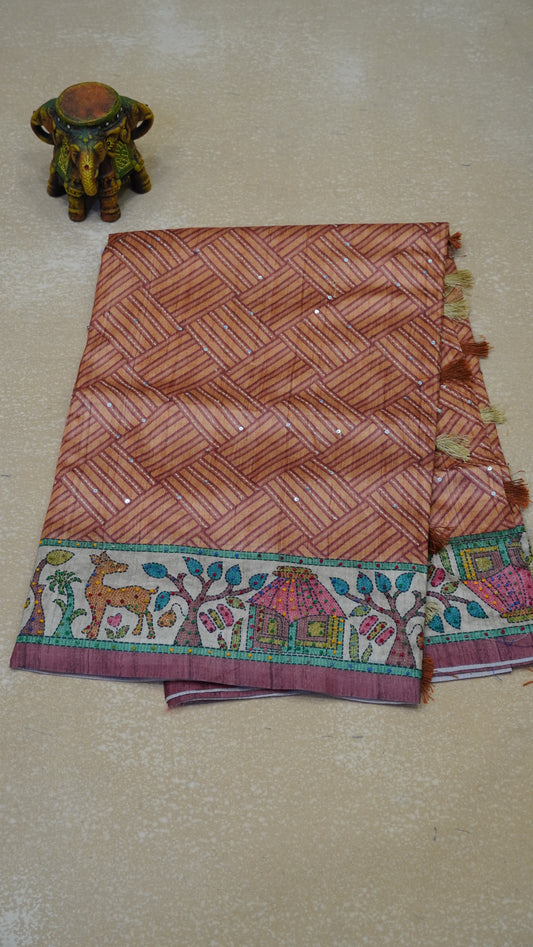 Semi Tussar Saree With French Knot & Kantha Work Zig Zag Checkered Pattern - Orange