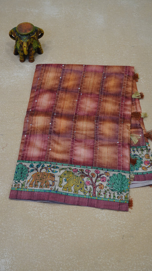 Semi Tussar Saree With French Knot & Kantha Work Straight Checkered Pattern - Peach
