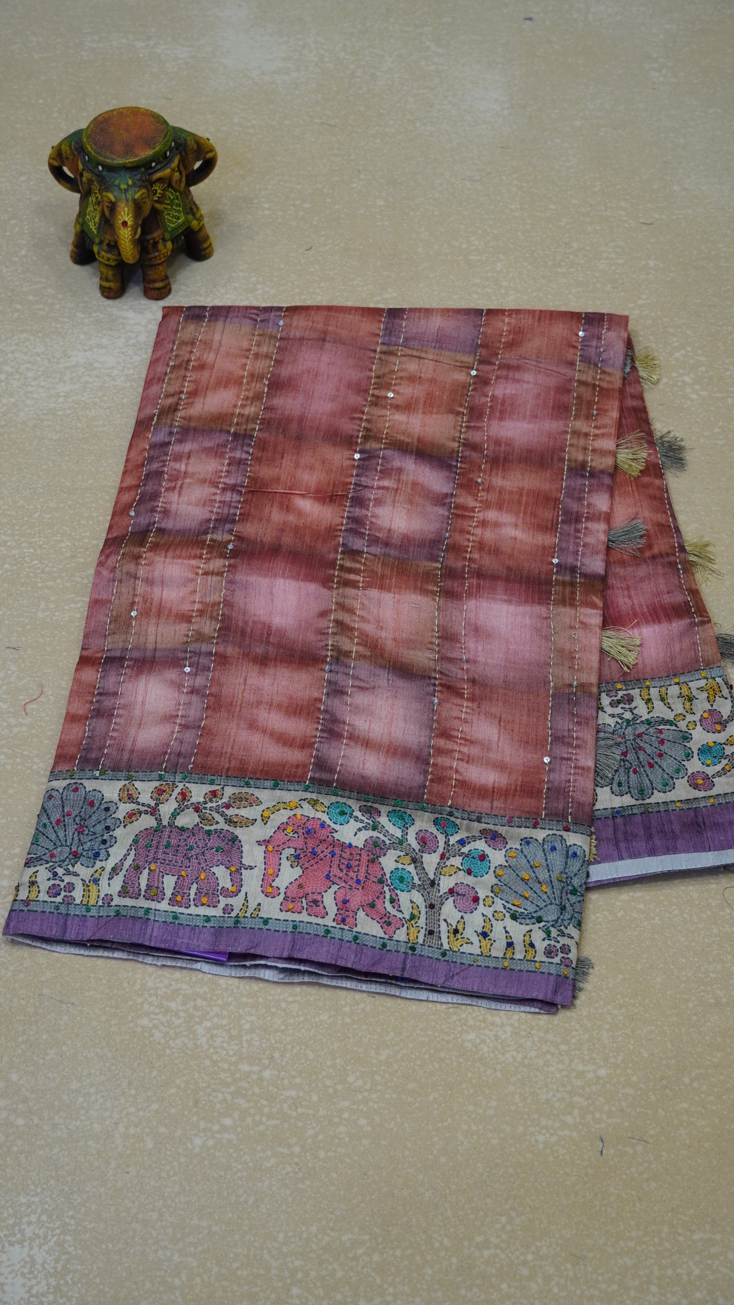 Semi Tussar Saree With French Knot & Kantha Work Straight Checkered Pattern - Dual Shade