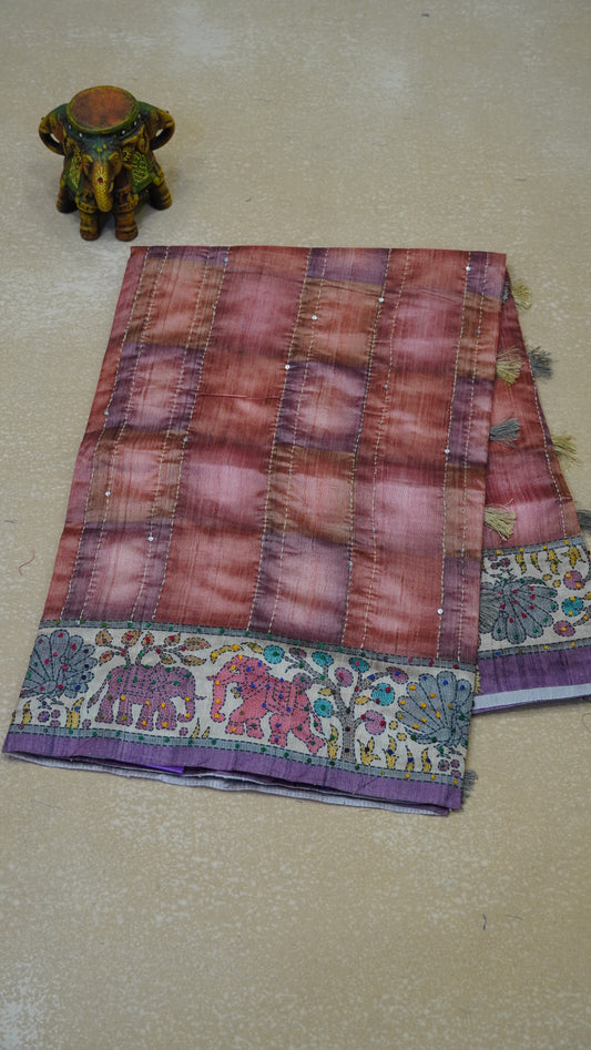 Semi Tussar Saree With French Knot & Kantha Work Straight Checkered Pattern - Dual Shade