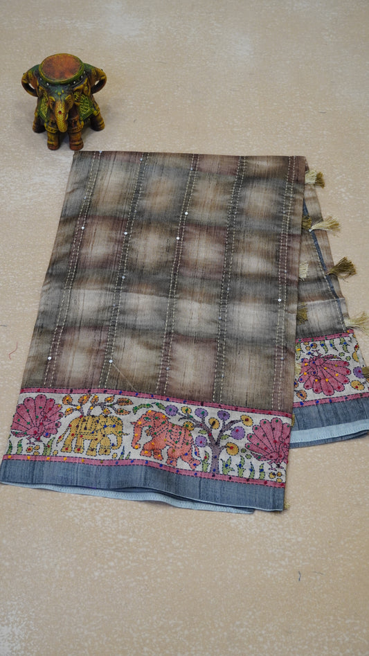 Semi Tussar Saree With French Knot & Kantha Work Straight Checkered Pattern - Grey