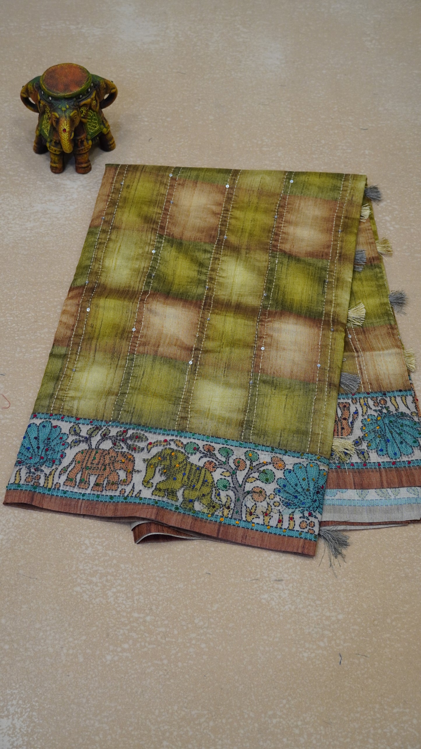 Semi Tussar Saree With French Knot & Kantha Work Straight Checkered Pattern - Mehandi Green