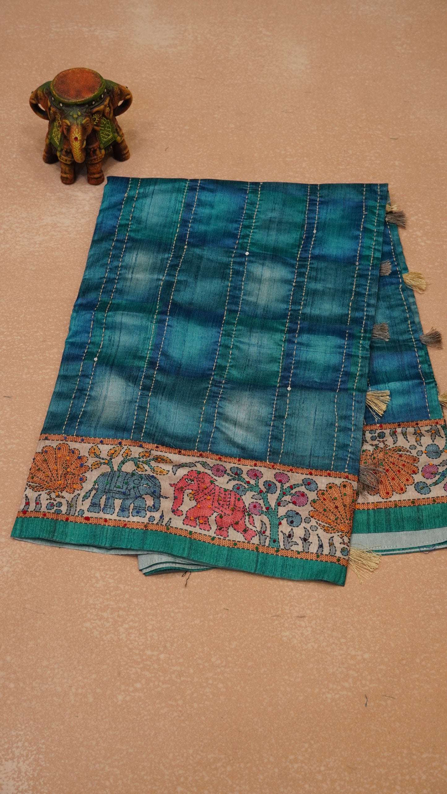 Semi Tussar Saree With French Knot & Kantha Work Straight Checkered Pattern - Blue
