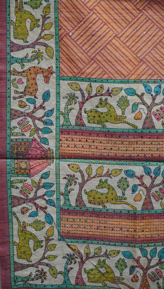 Semi Tussar Saree With French Knot & Kantha Work Zig Zag Checkered Pattern - Orange