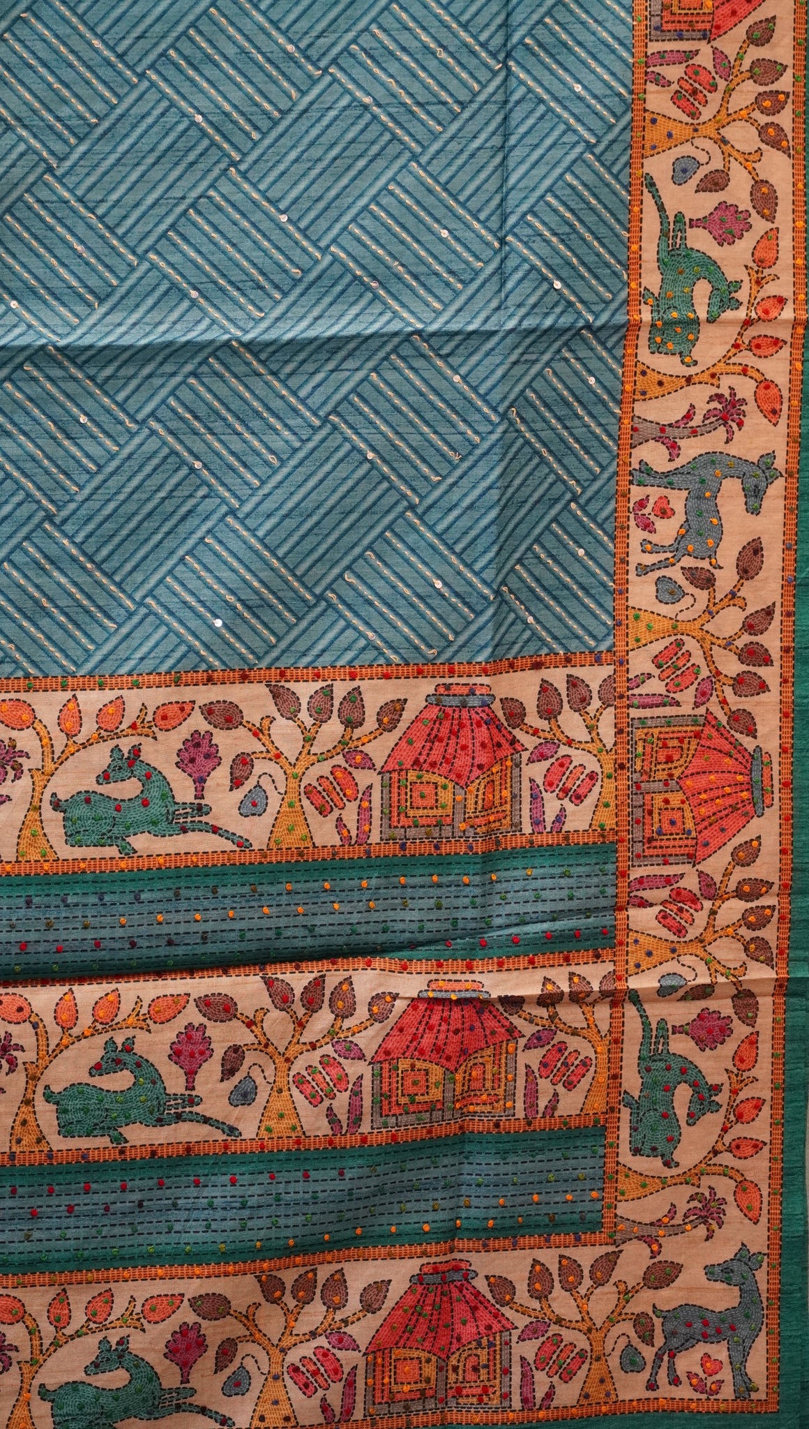 Semi Tussar Saree With French Knot & Kantha Work Zig Zag Checkered Pattern - Blue