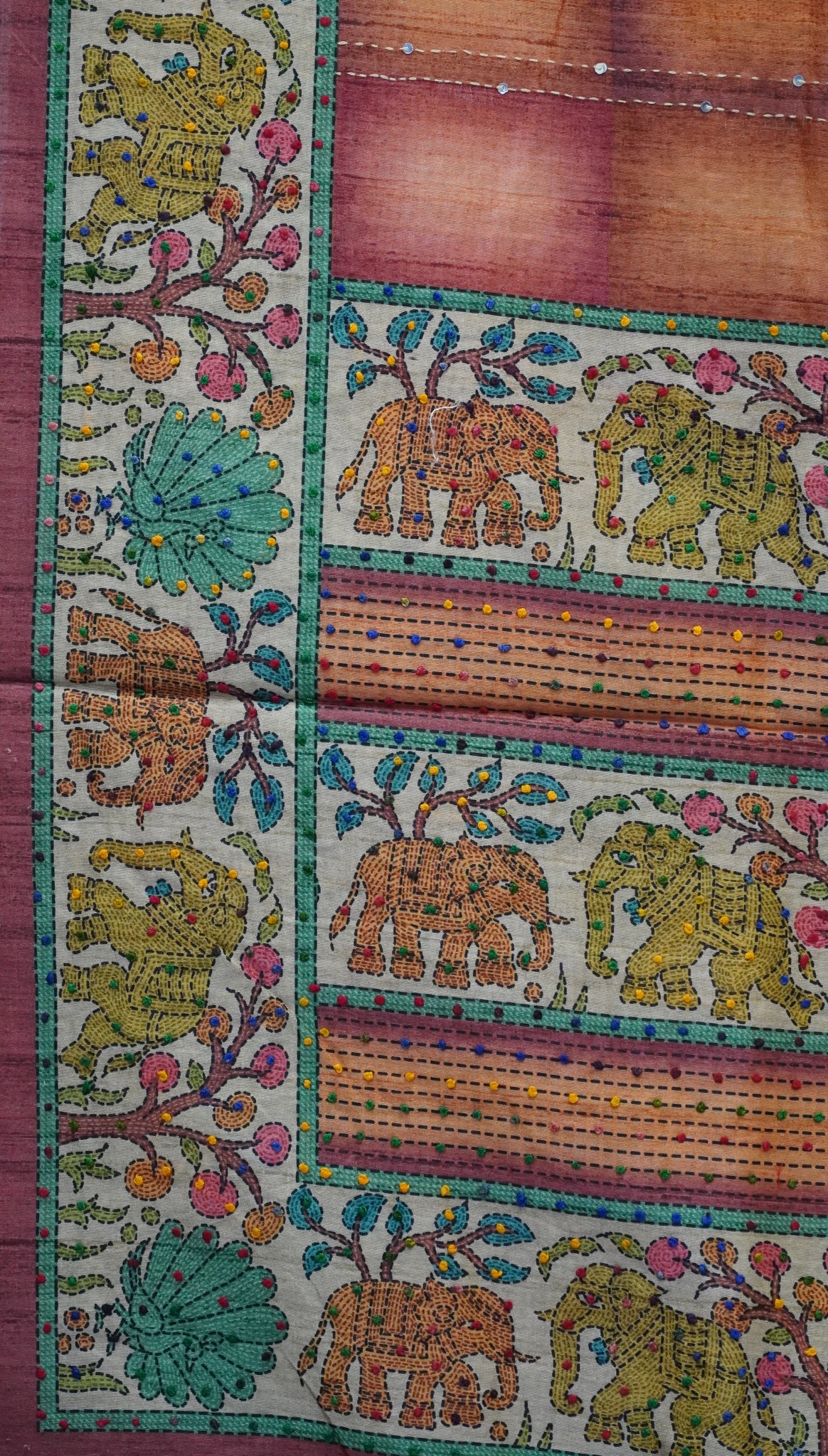 Semi Tussar Saree With French Knot & Kantha Work Straight Checkered Pattern - Peach