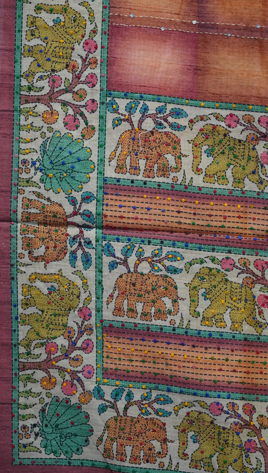 Semi Tussar Saree With French Knot & Kantha Work Straight Checkered Pattern - Peach