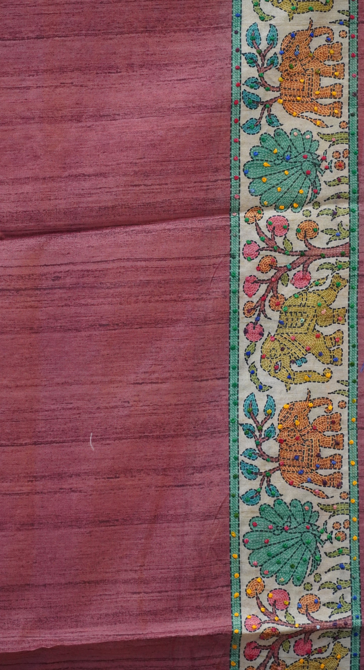 Semi Tussar Saree With French Knot & Kantha Work Straight Checkered Pattern - Peach