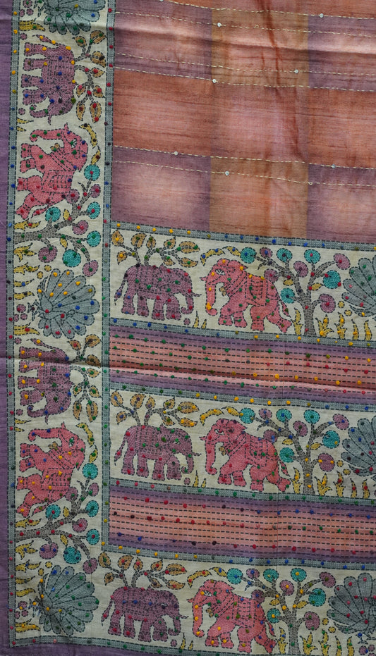 Semi Tussar Saree With French Knot & Kantha Work Straight Checkered Pattern - Dual Shade