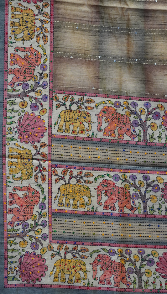 Semi Tussar Saree With French Knot & Kantha Work Straight Checkered Pattern - Grey