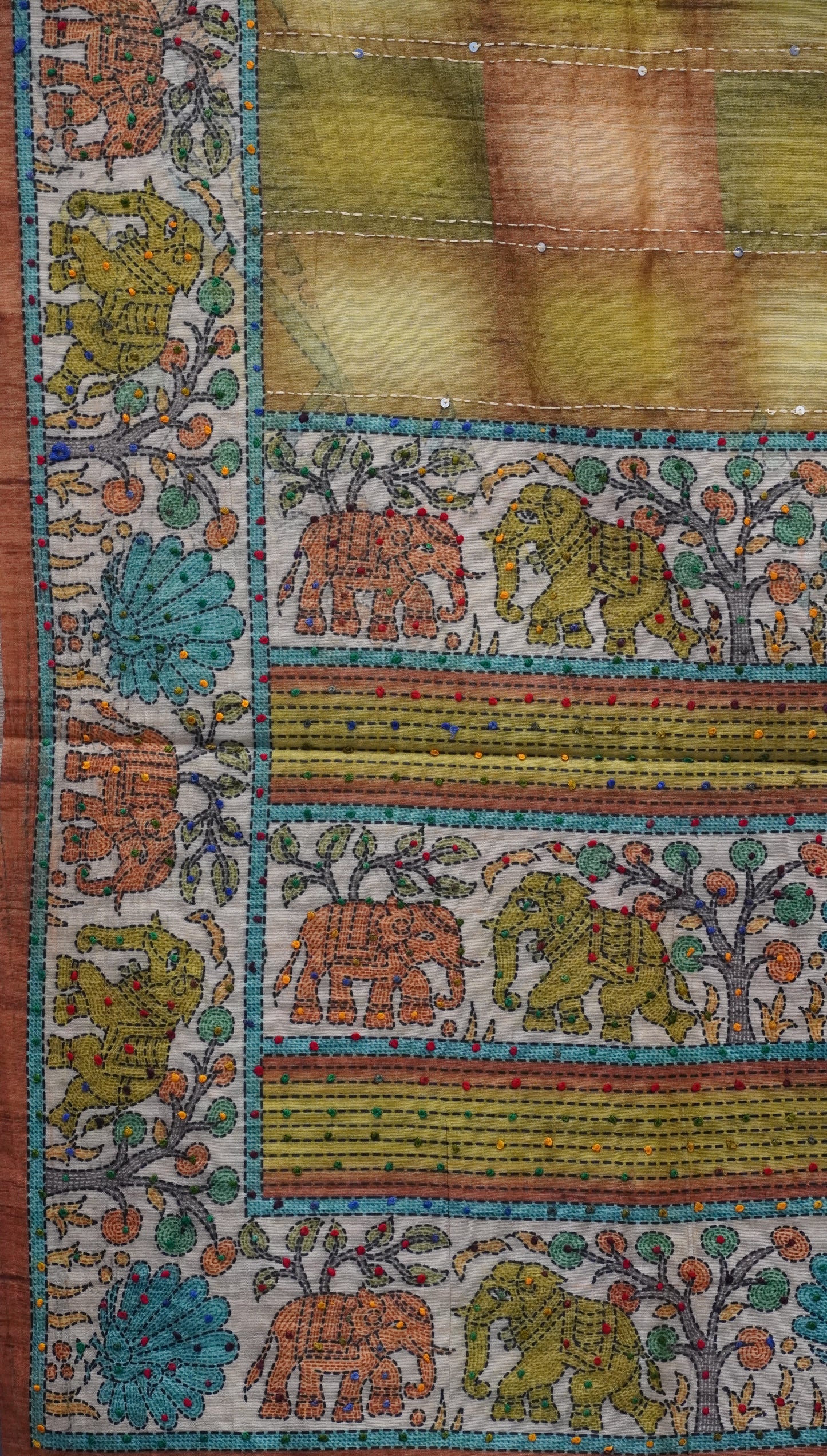Semi Tussar Saree With French Knot & Kantha Work Straight Checkered Pattern - Mehandi Green