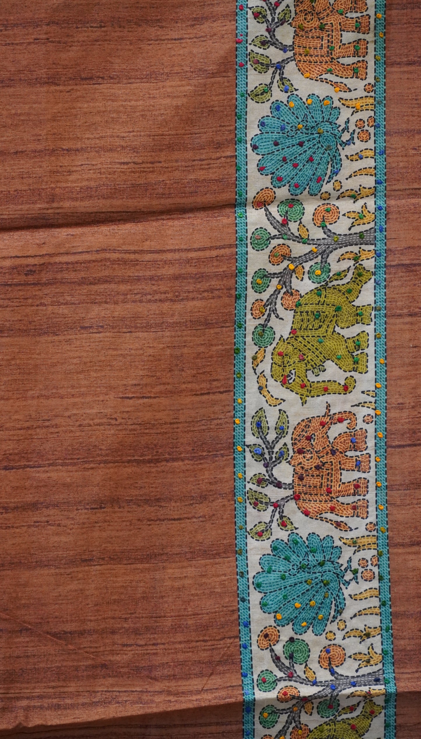 Semi Tussar Saree With French Knot & Kantha Work Straight Checkered Pattern - Mehandi Green