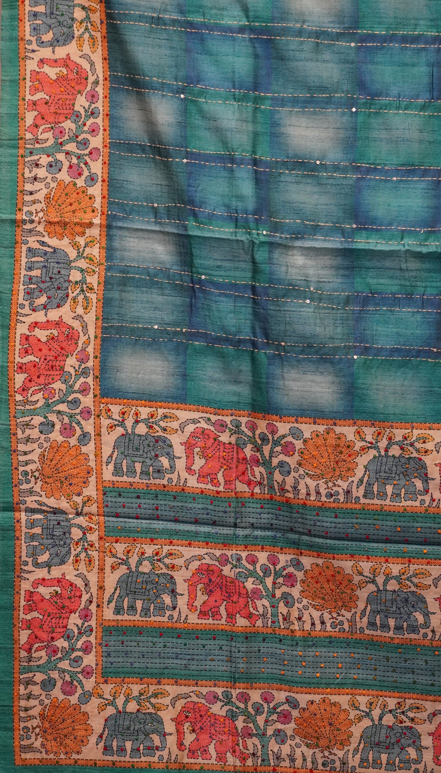 Semi Tussar Saree With French Knot & Kantha Work Straight Checkered Pattern - Blue