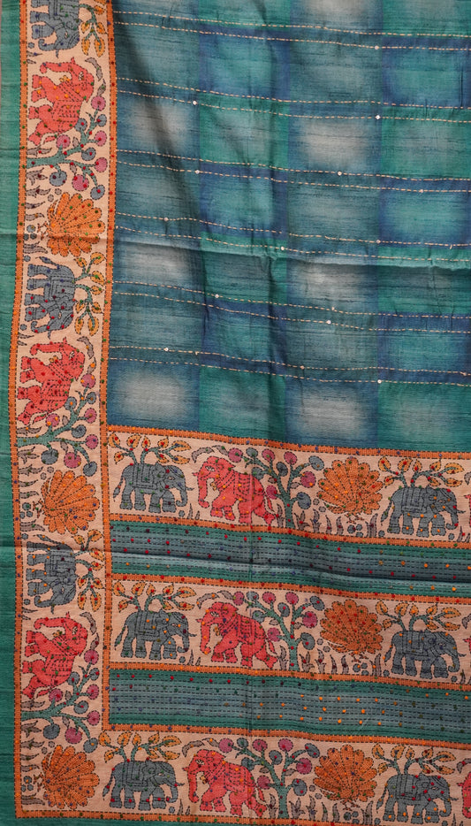 Semi Tussar Saree With French Knot & Kantha Work Straight Checkered Pattern - Blue