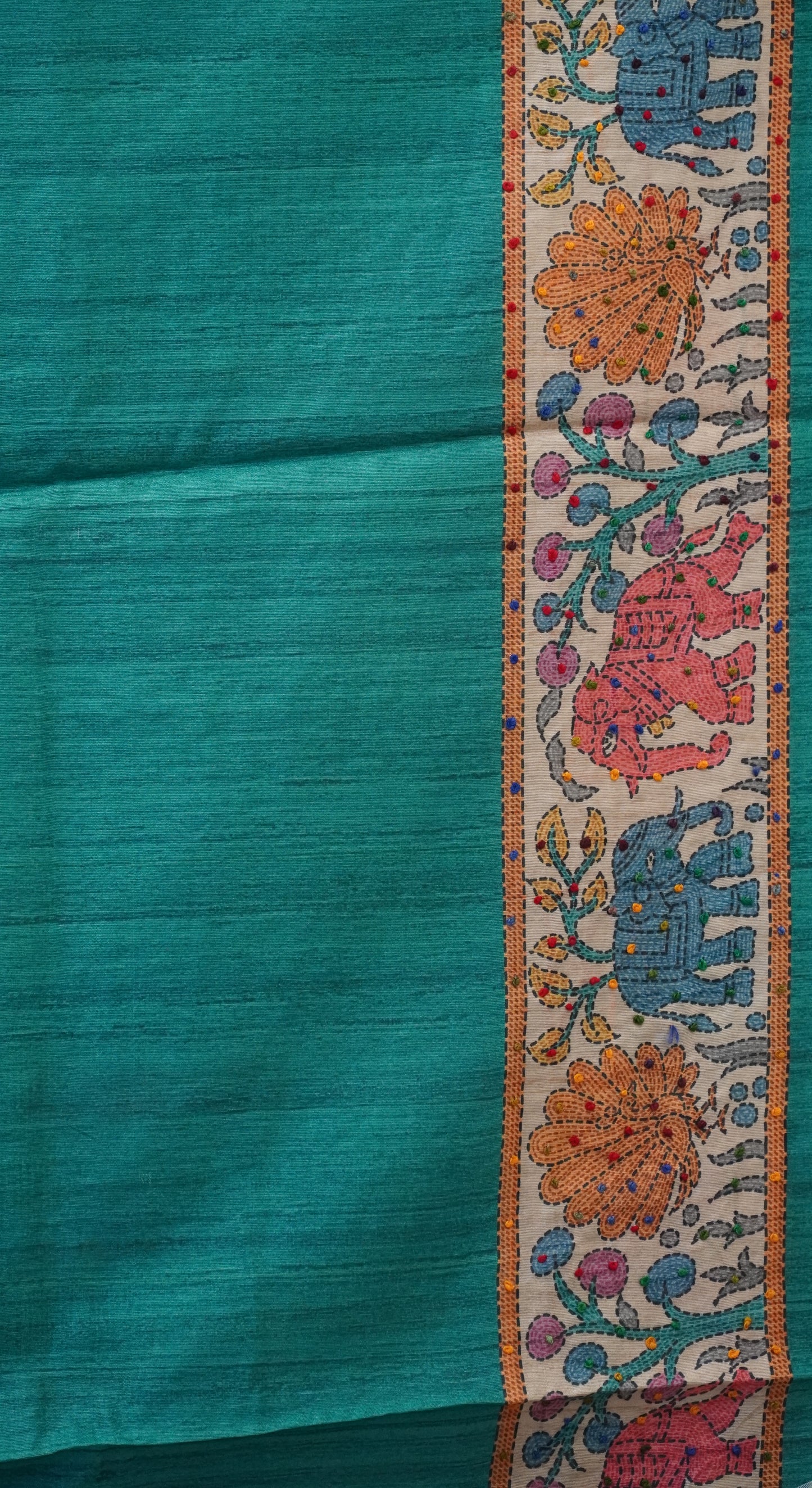 Semi Tussar Saree With French Knot & Kantha Work Straight Checkered Pattern - Blue