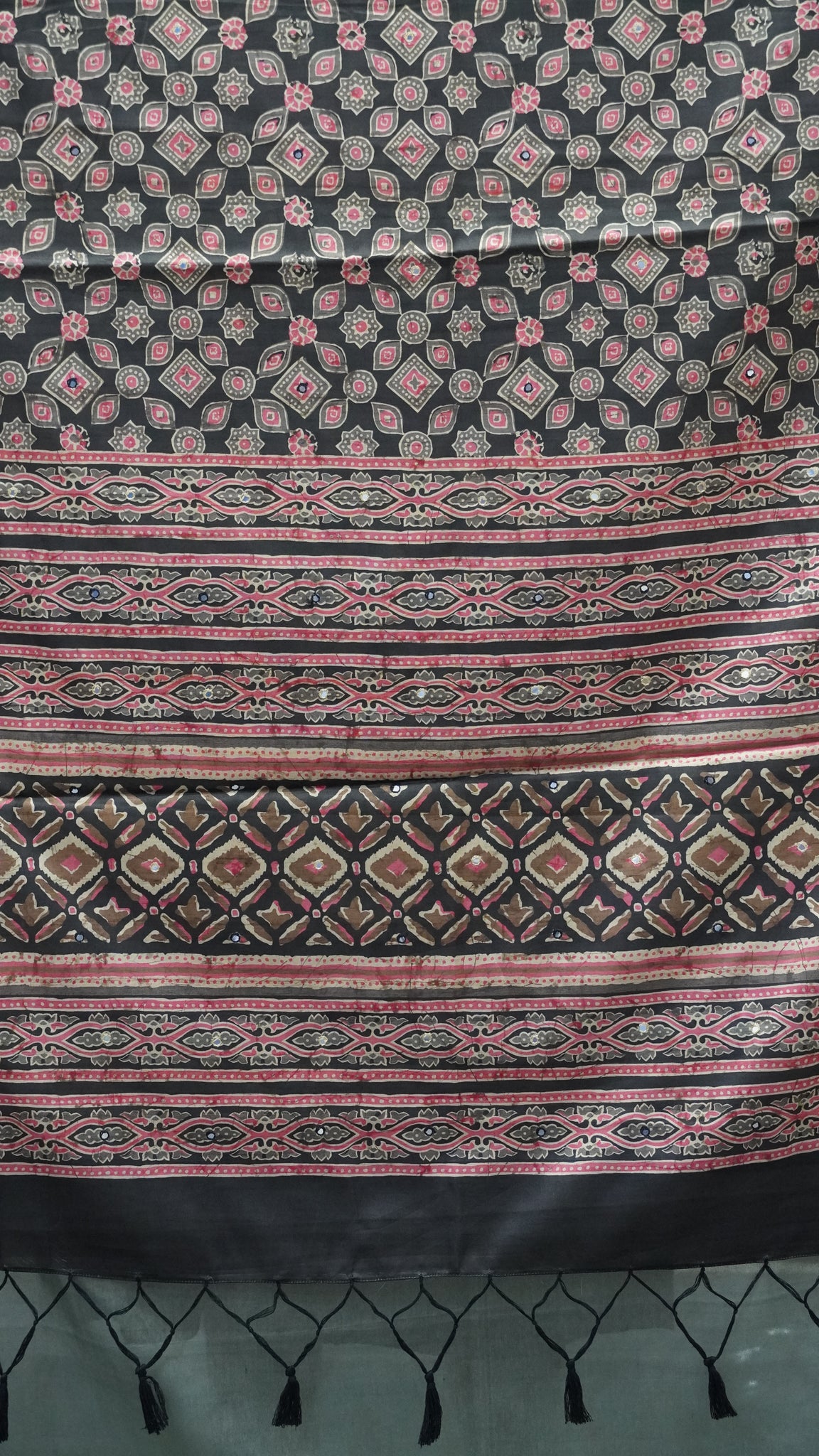 Semi Tussar Saree Ajrakh Print With Mirror Work - Black