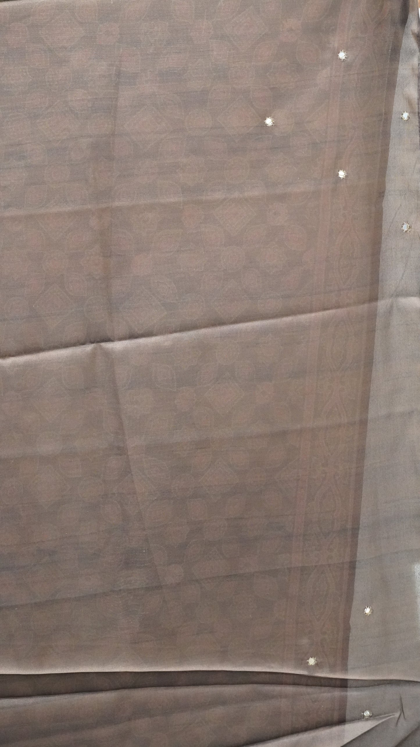 Semi Tussar Saree Ajrakh Print With Mirror Work - Brown