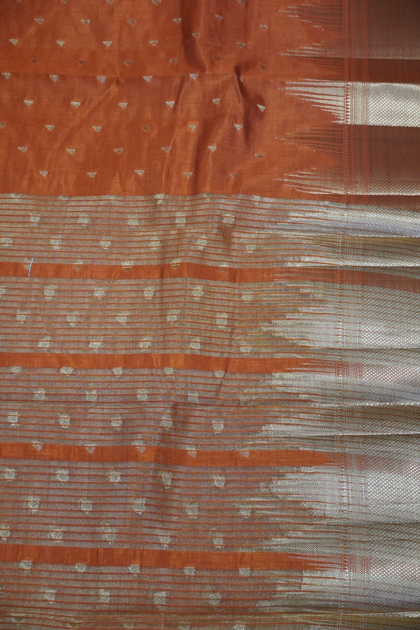 Semi Tussar Saree - Temple Border Rust Orange