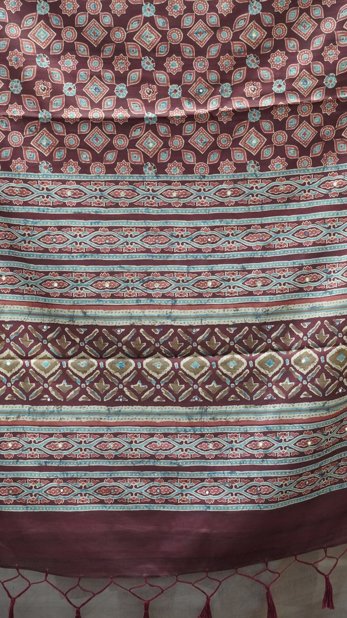 Semi Tussar Saree Ajrakh Print With Mirror Work - Maroon