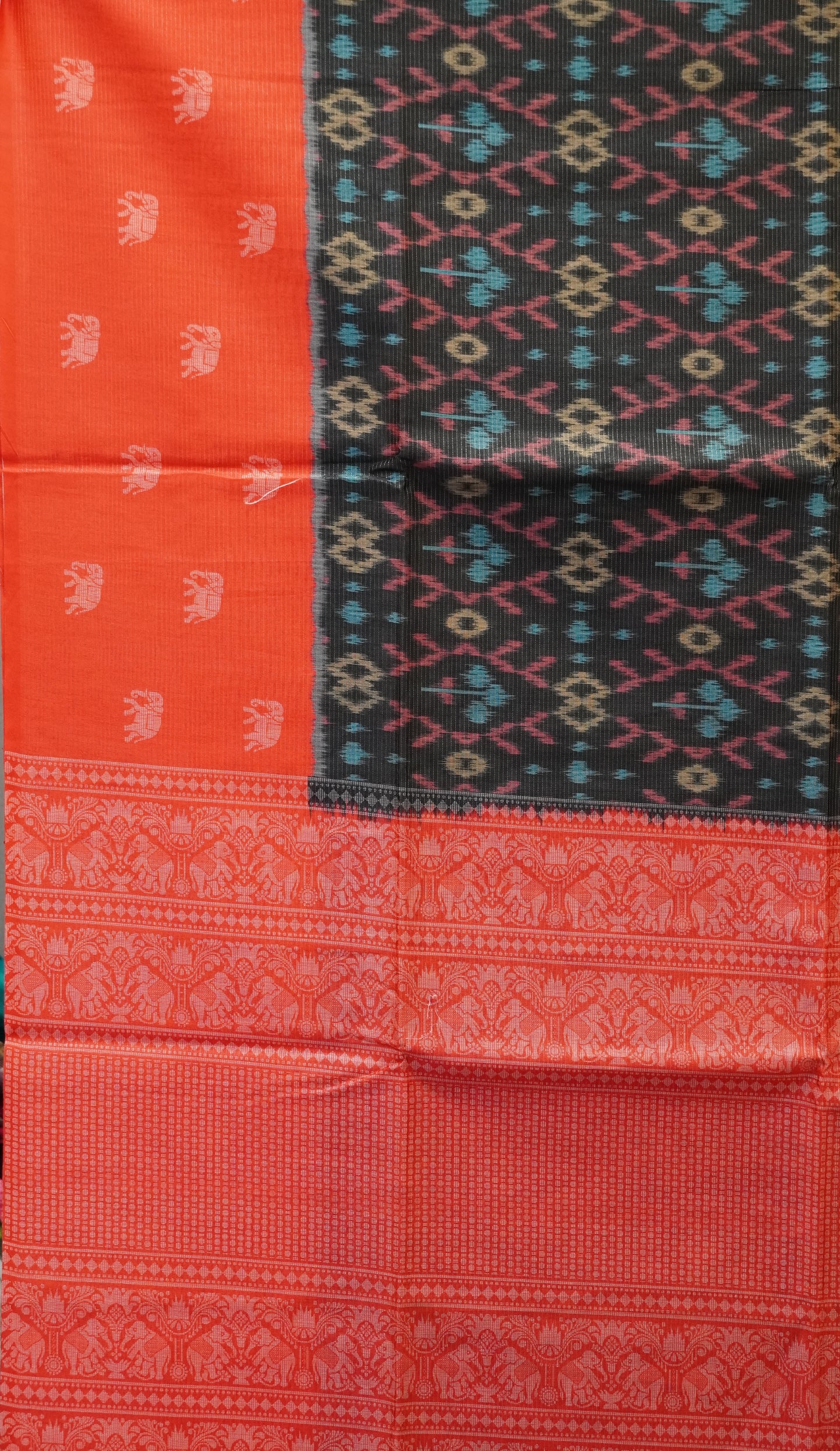 Semi Tussar Saree Ikkat Print - Black to Red