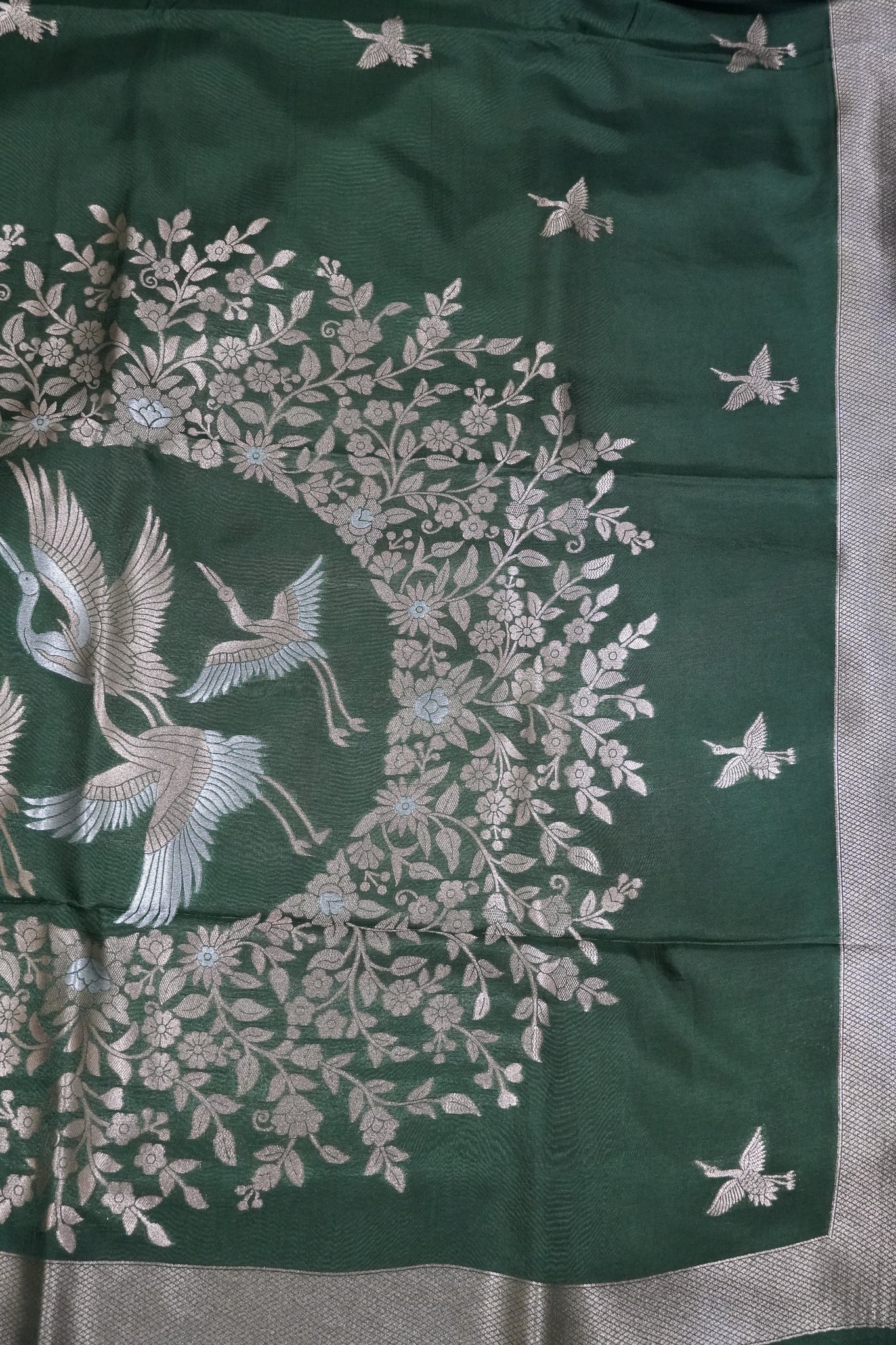 Banarasi Crepe Saree - Crane Design - Sage Green