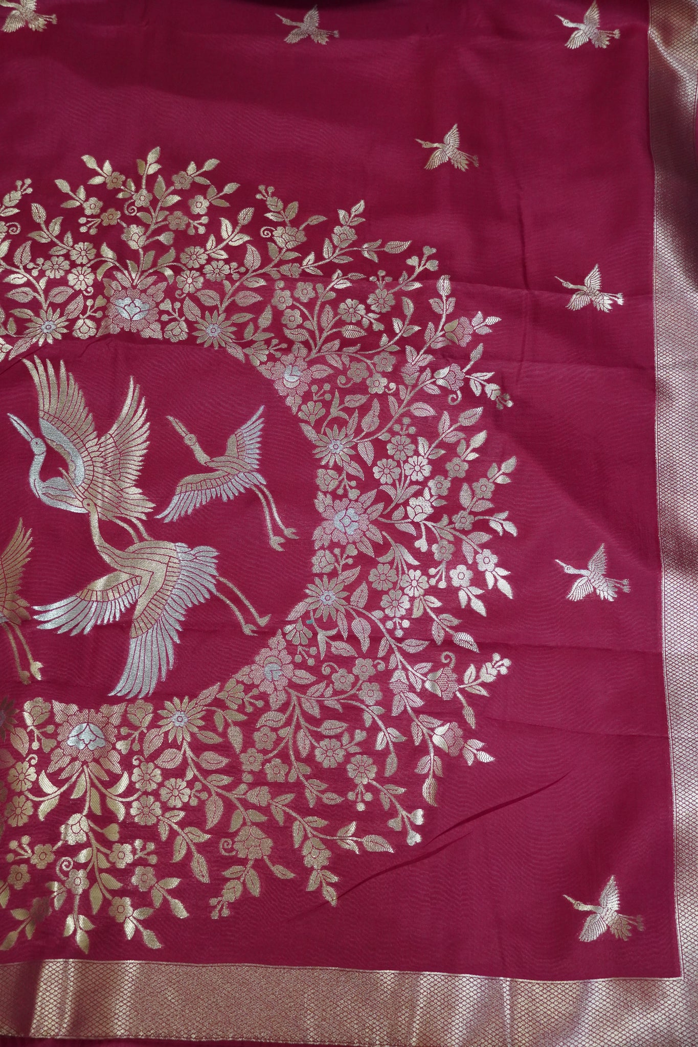Banarasi Crepe Saree - Crane Design - Dark Pink