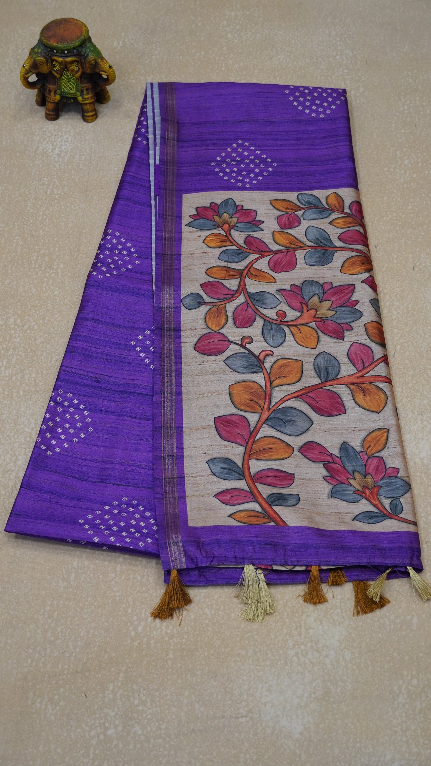 Semi Tussar Saree Bandhini Print & Kalamkari - Purple