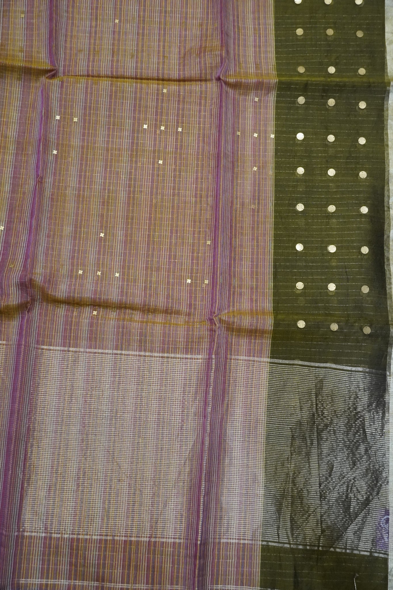 Pure Matka Tussar Saree - Round Zari Butta Olive Green