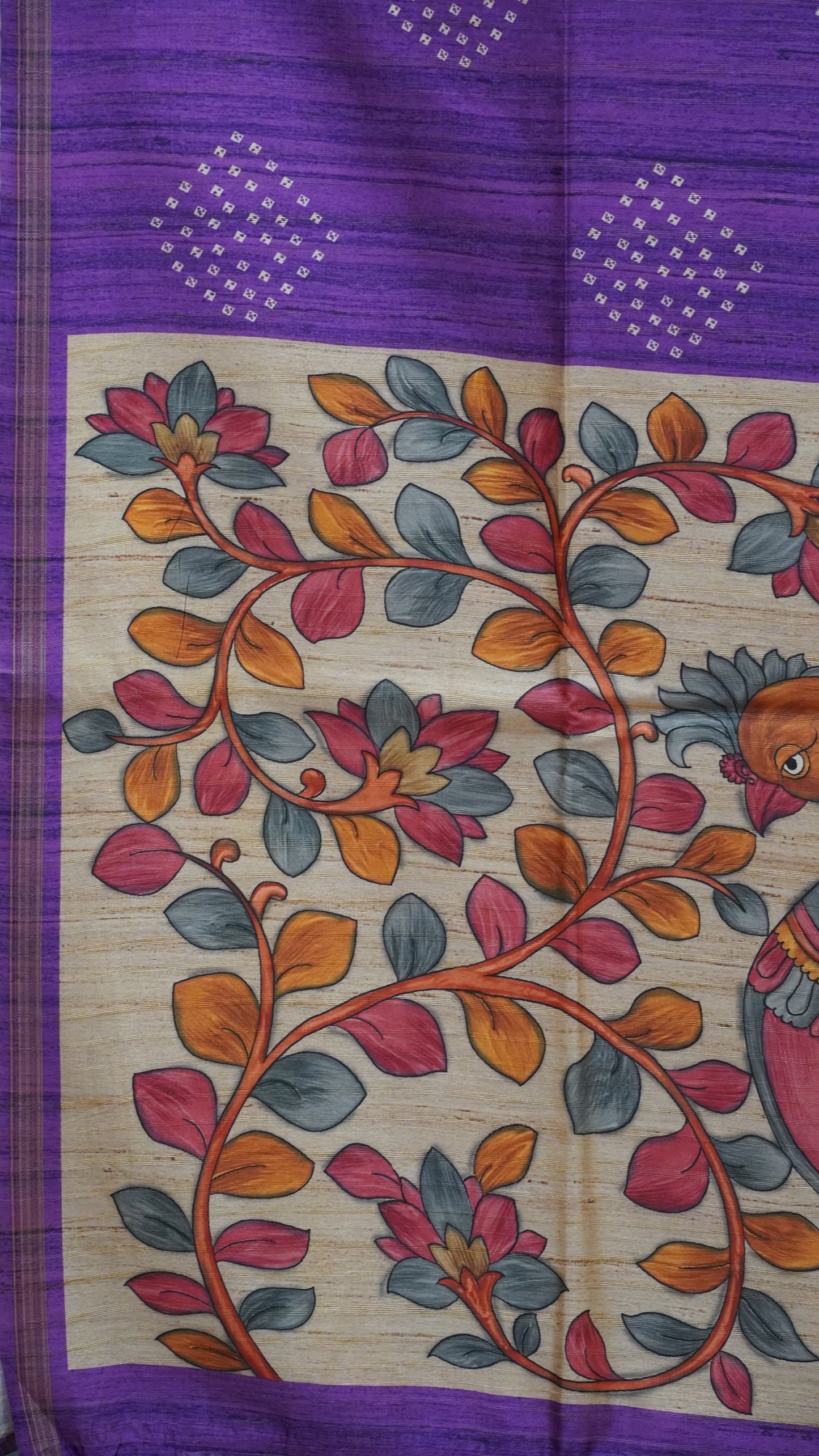 Semi Tussar Saree Bandhini Print & Kalamkari - Purple