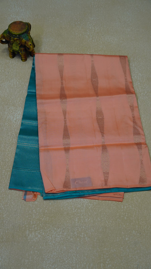 Pure Soft Silk Saree 1  1/2 Warp - Peach - Teal Blue