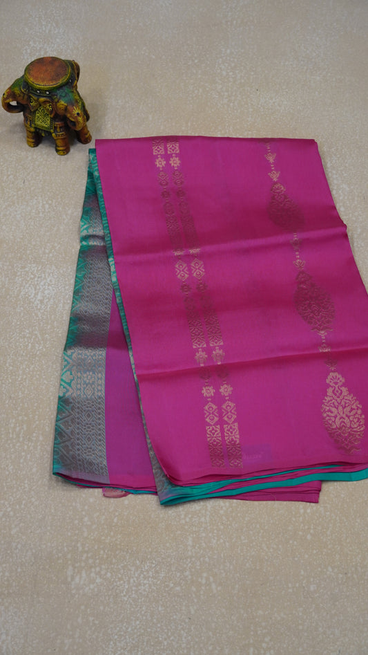 Pure Soft Silk Saree  1  1/2 Warp - Peach - Pink to Teal Green