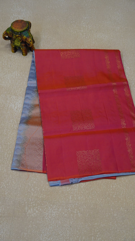 Pure Soft Silk Saree  1  1/2 Warp - Red to Silvery Grey