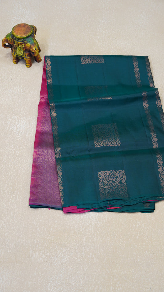 Pure Soft Silk Saree 1  1/2 Warp - Bottle Green to Pink