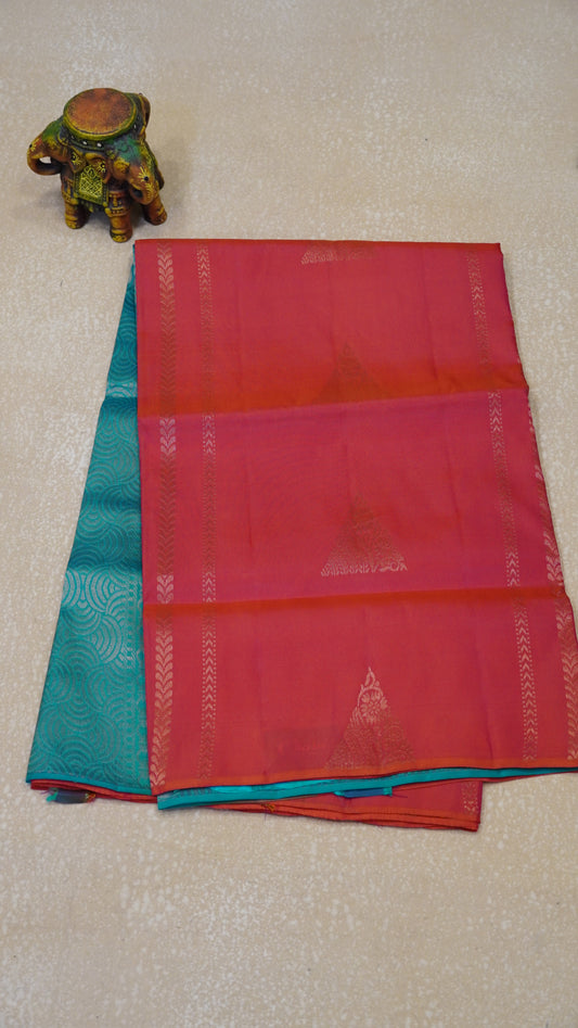 Pure Soft Silk Saree 1  1/2 Warp - Red to Teal Green