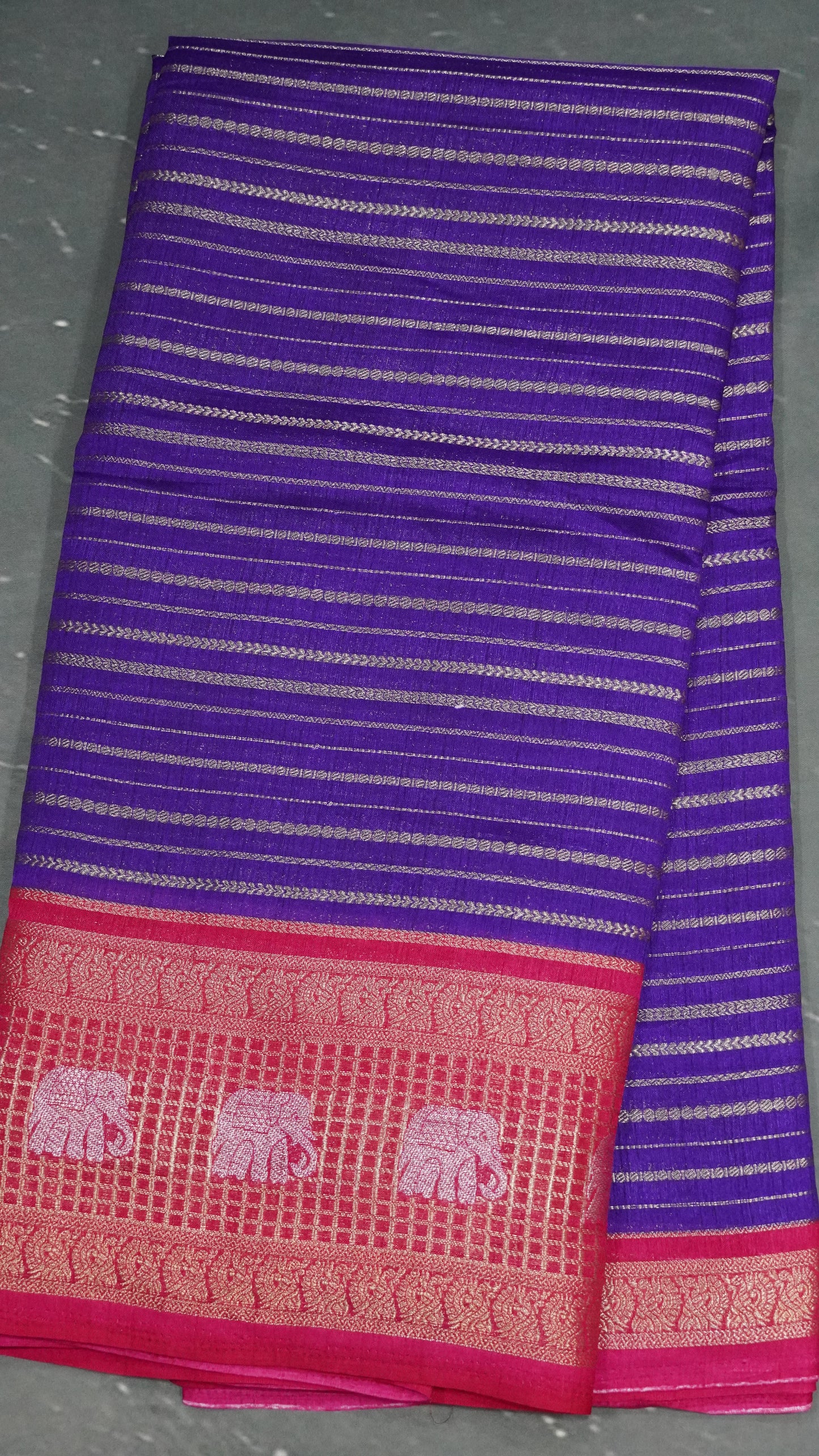 Semi Dola Silk Saree-Purple Elephant Checks