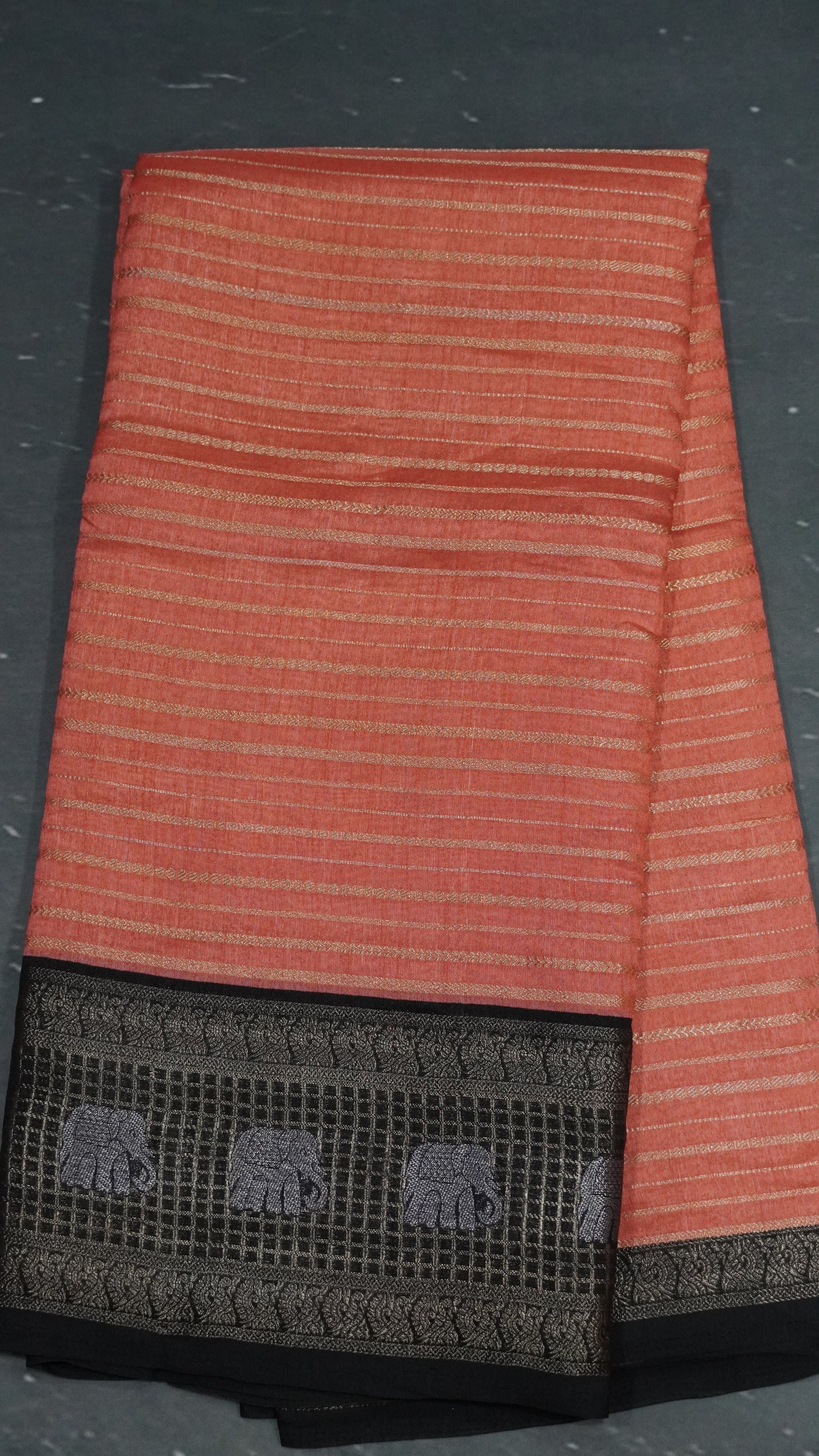 Semi Dola Silk Saree-Pale Orange Elephant Checks