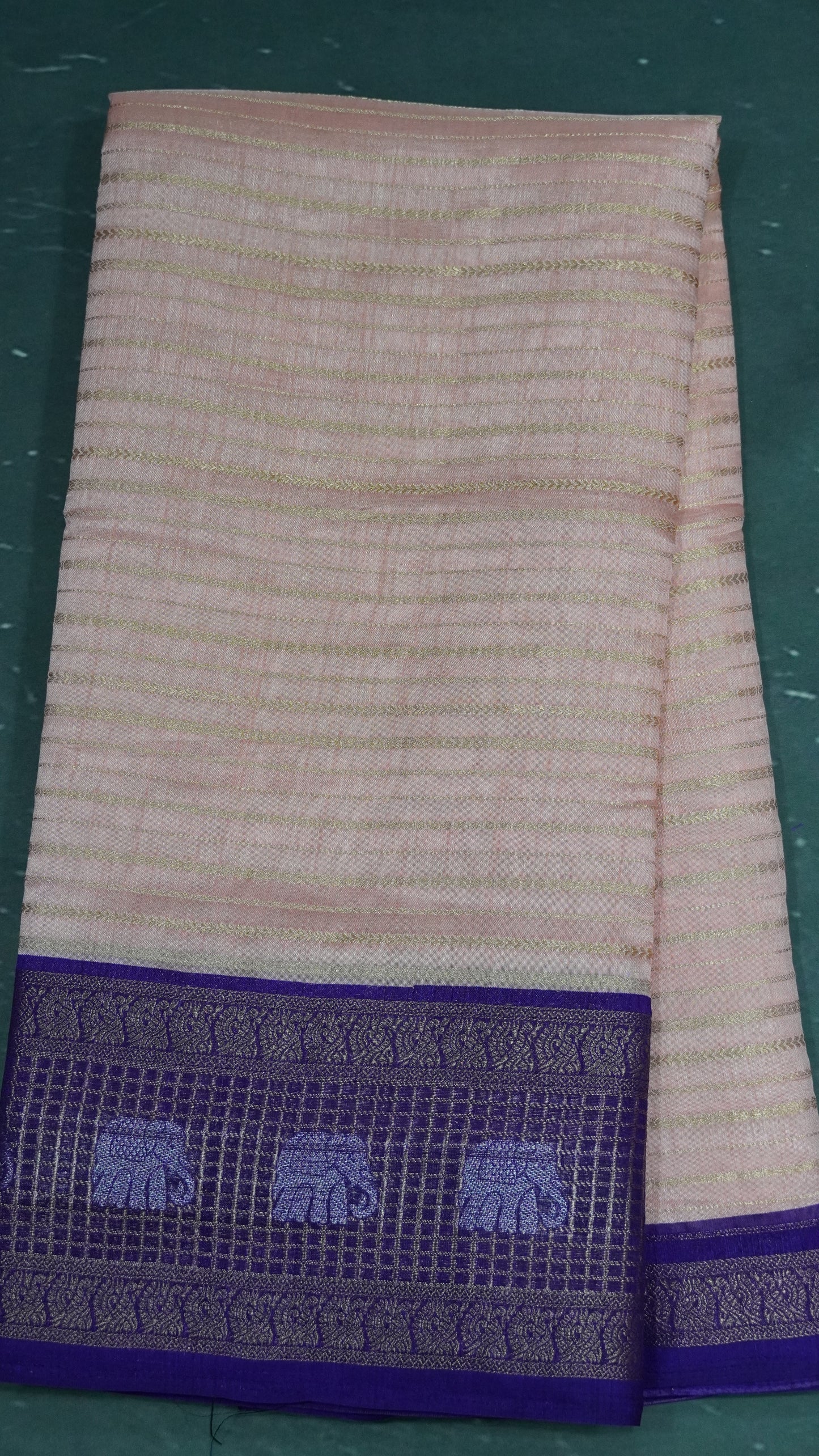 Semi Dola Silk Saree-Peach Elephant Checks