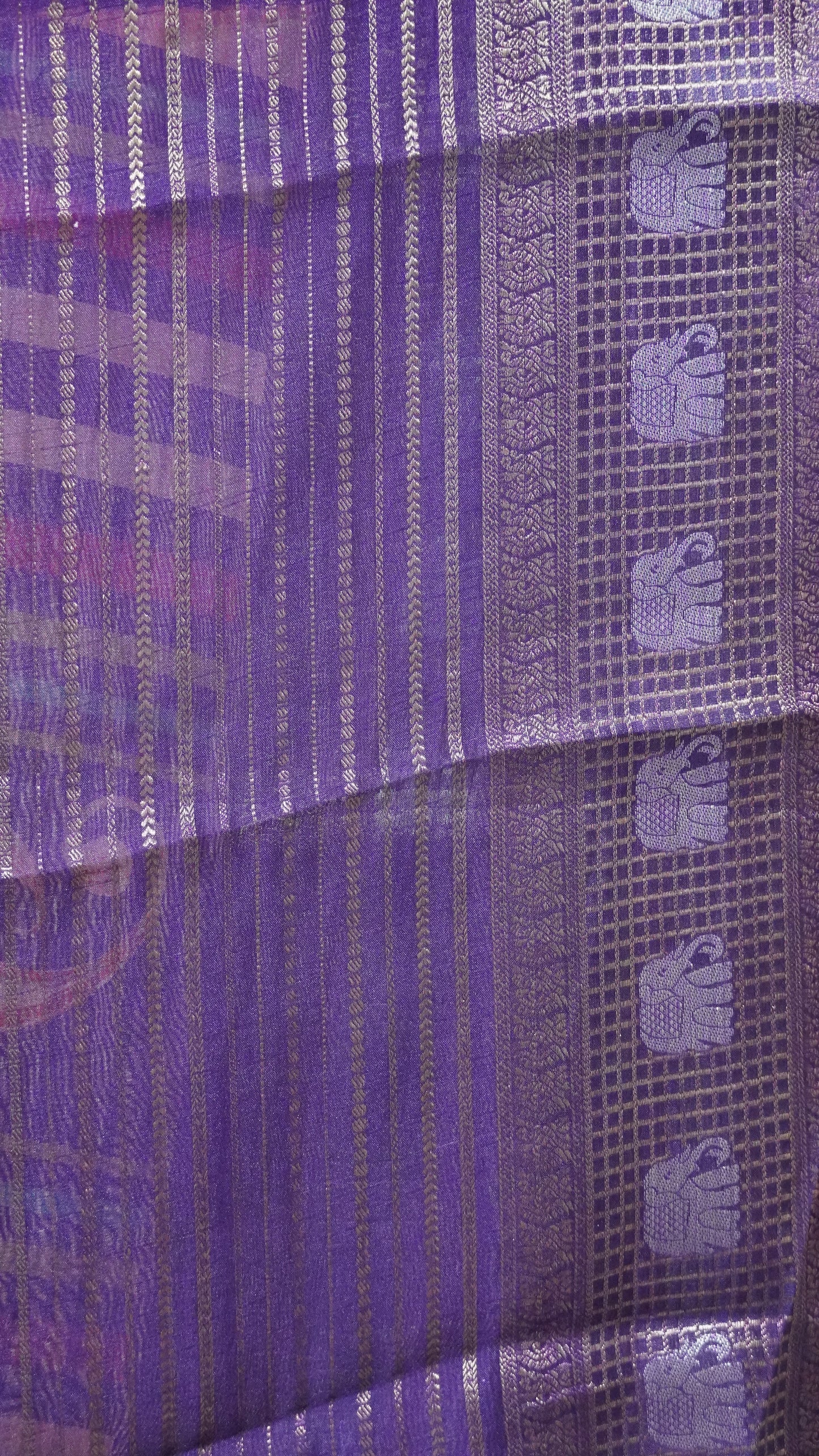 Semi Dola Silk Saree-Peach Elephant Checks