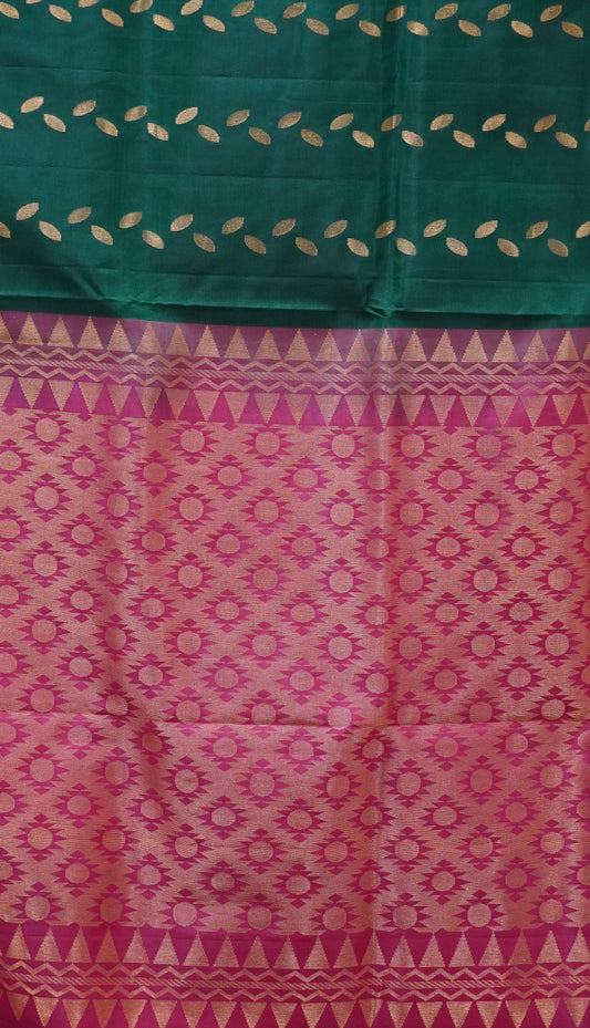 Pure Soft Silk Saree  1  1/2 Warp - Bottle Green to Pink