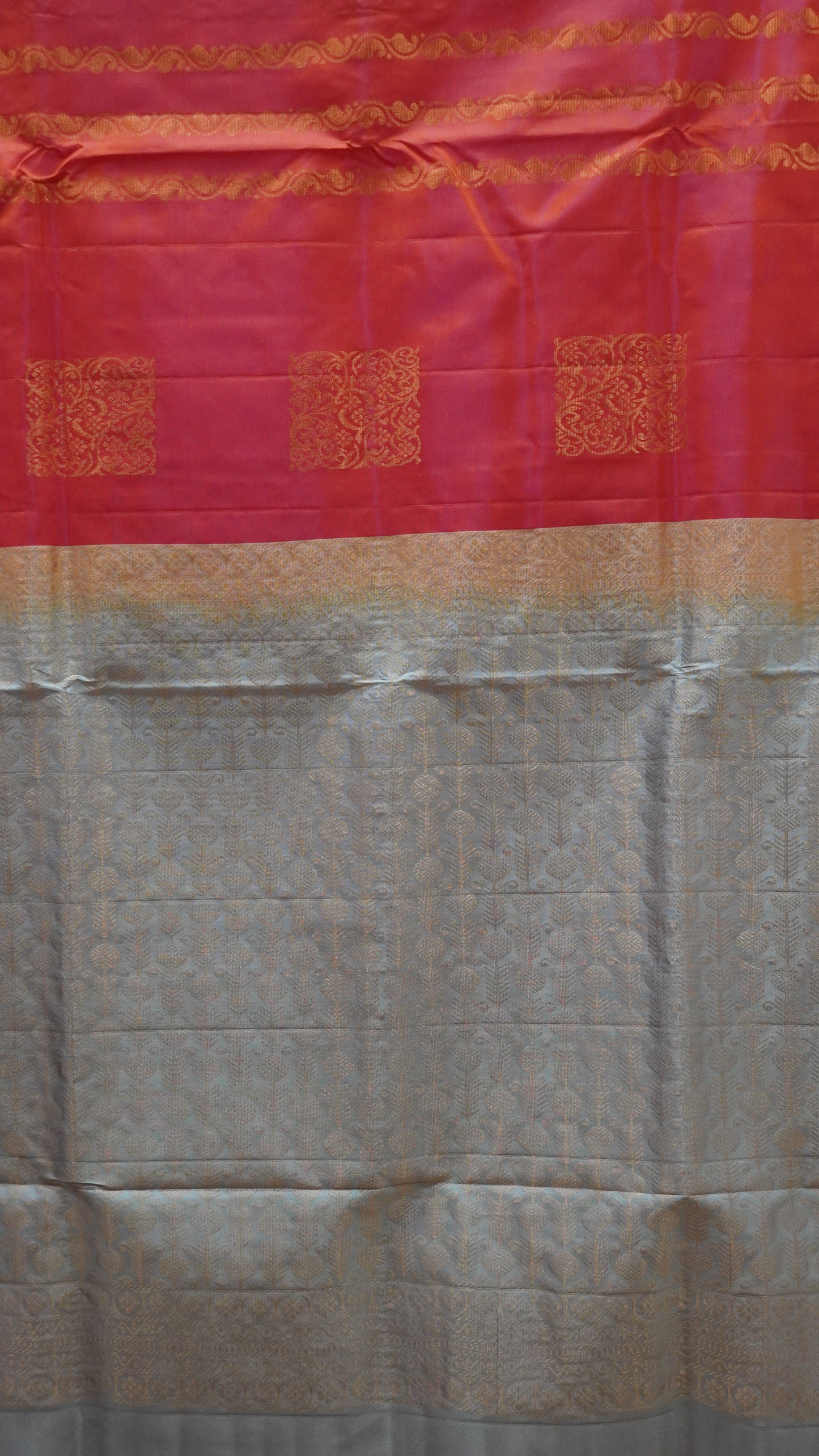 Pure Soft Silk Saree  1  1/2 Warp - Red to Silvery Grey