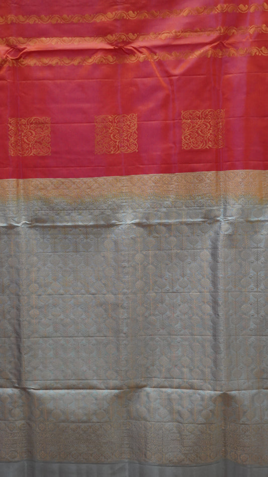 Pure Soft Silk Saree  1  1/2 Warp - Red to Silvery Grey