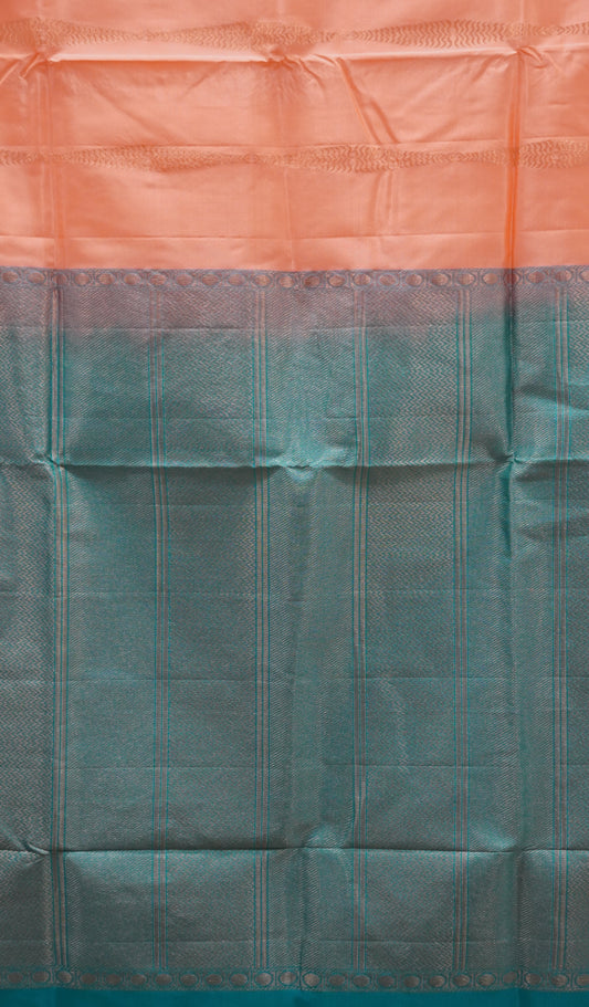 Pure Soft Silk Saree 1  1/2 Warp - Peach - Teal Blue