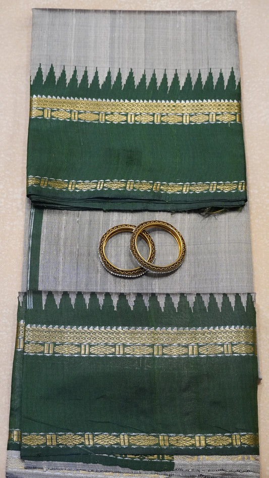 Pure Dupion Silk Saree - Beige-Green Tower Border