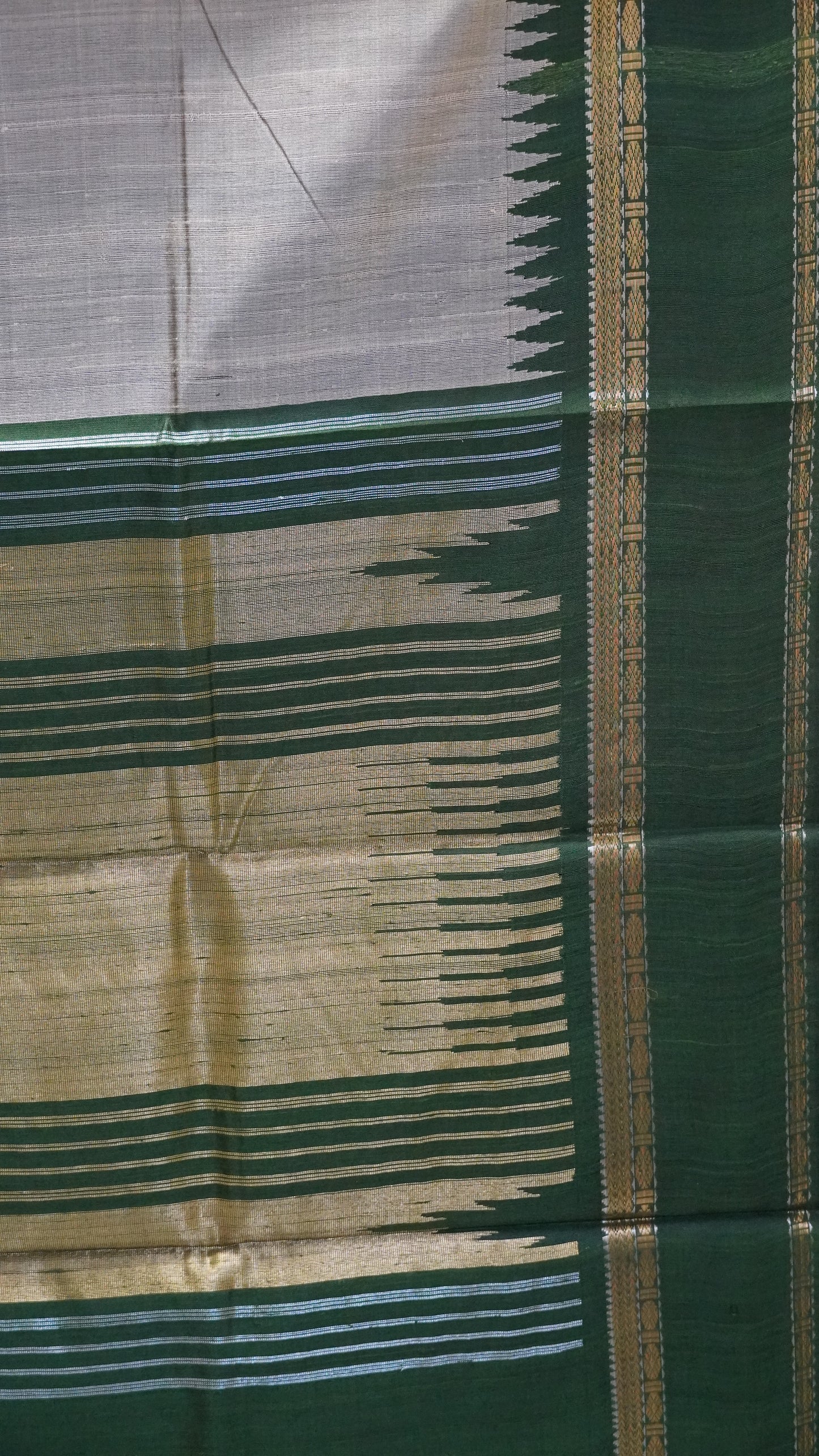 Pure Dupion Silk Saree - Beige-Green Tower Border