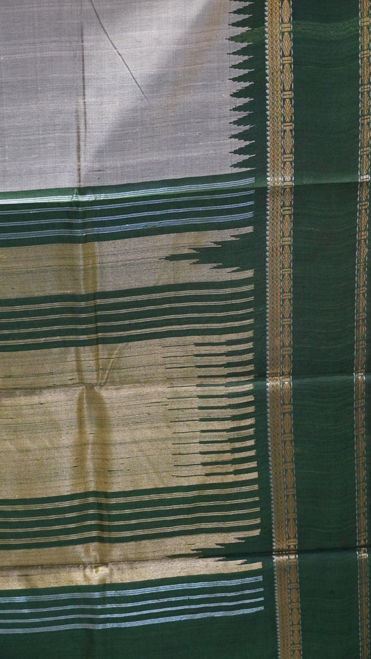 Pure Dupion Silk Saree - Beige-Green Tower Border